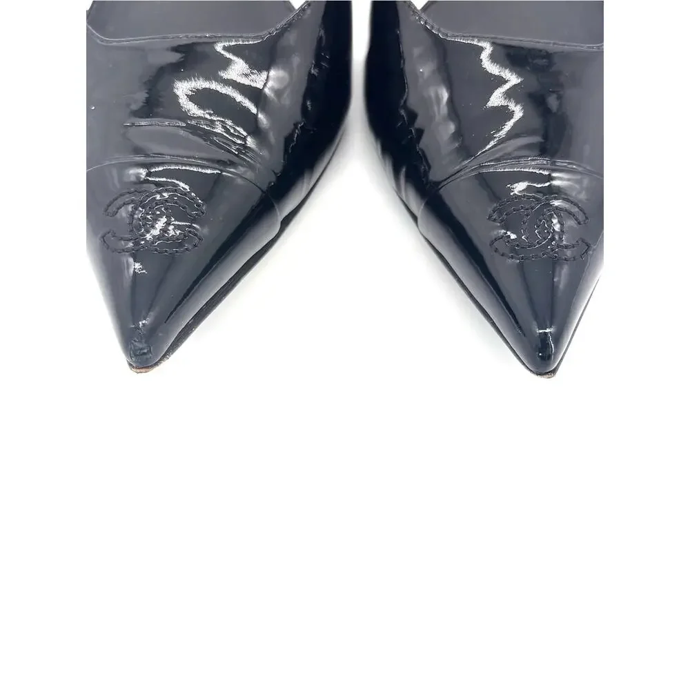 Chanel CC Logo Cap Toe Black Patent Leather Slingback Flats 37.5